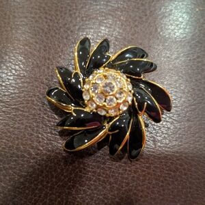 Chic Black and Gold Crystal Brooch 2" In Diameter